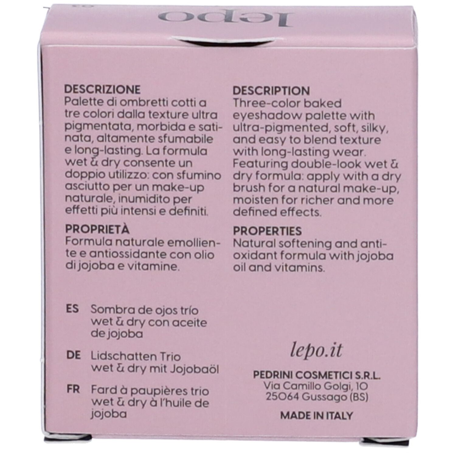 Retro della confezione rosa. Testo: Descrizione, Proprietà, Ingredienti, lepo.it, Made in Italy.