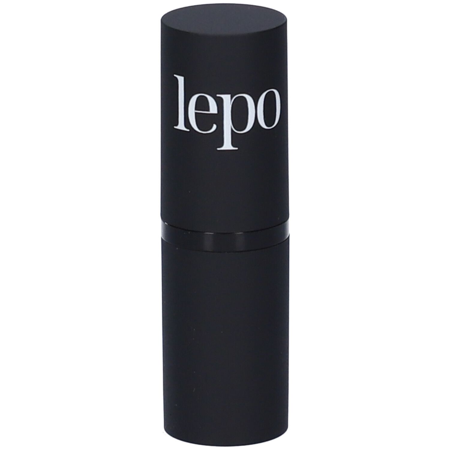 Contenitore di rossetto nero con logo bianco. Forma cilindrica.