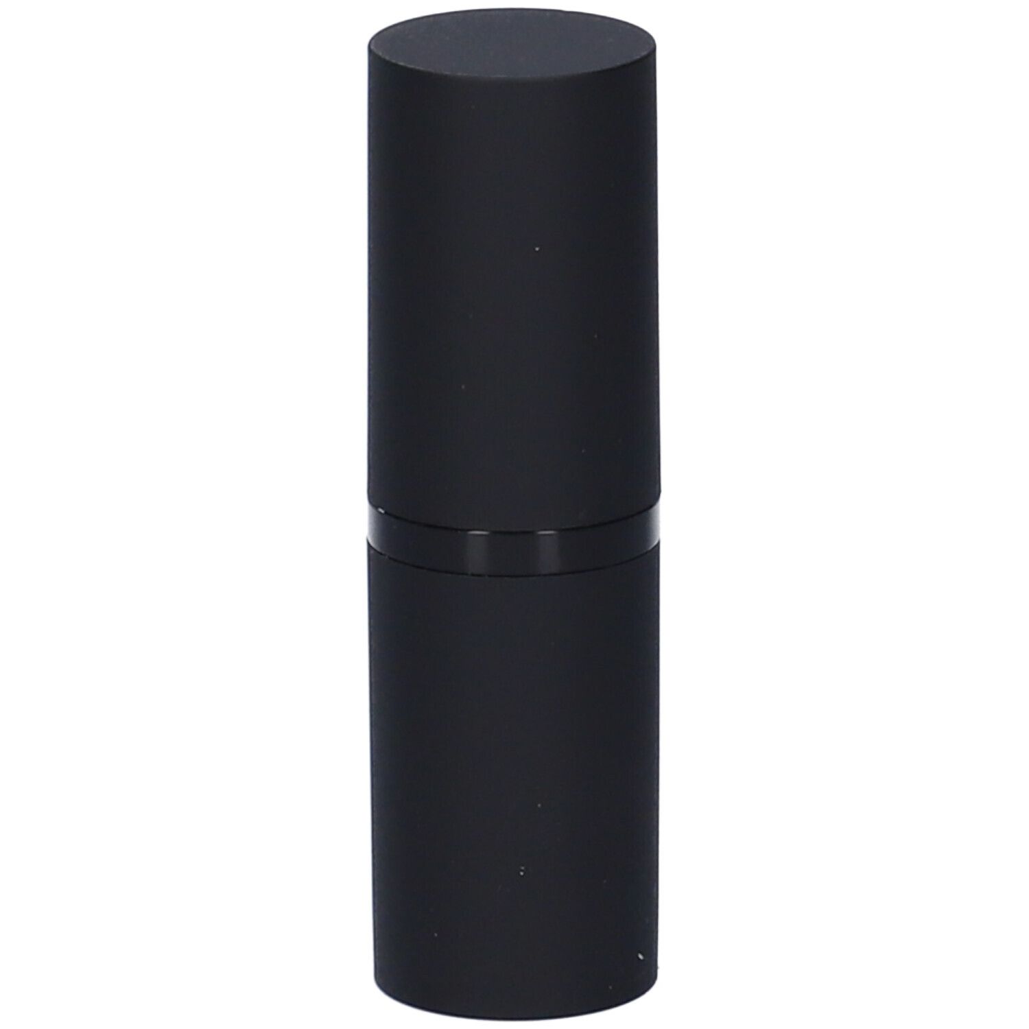 Contenitore di rossetto nero con logo bianco. Forma cilindrica.