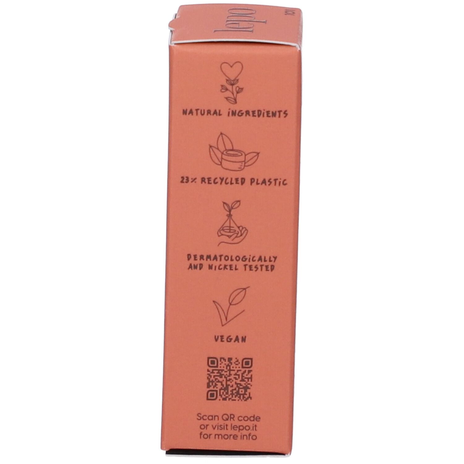 Confezione con informazioni su ingredienti, riciclo, test dermatologici e certificazione vegana.