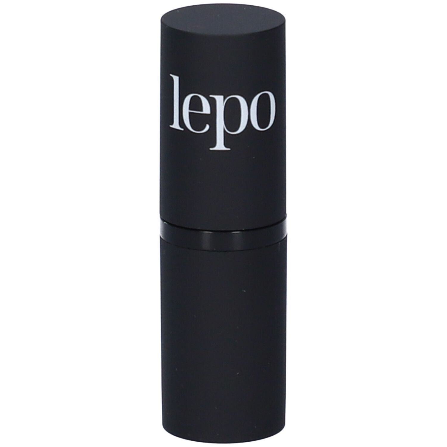 Contenitore di rossetto nero con logo bianco. Forma cilindrica con coperchio.