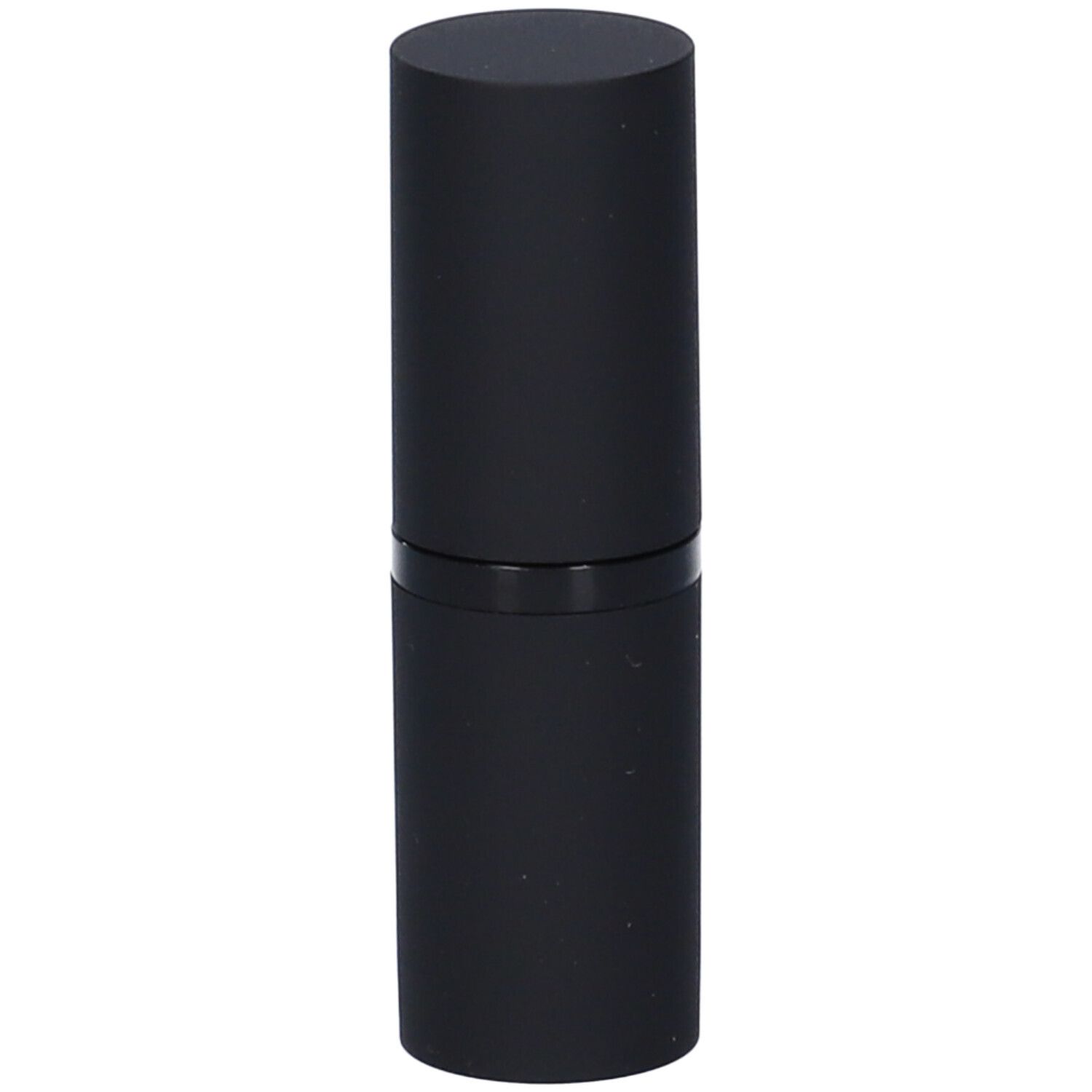 Contenitore di rossetto nero con logo bianco. Forma cilindrica con coperchio.
