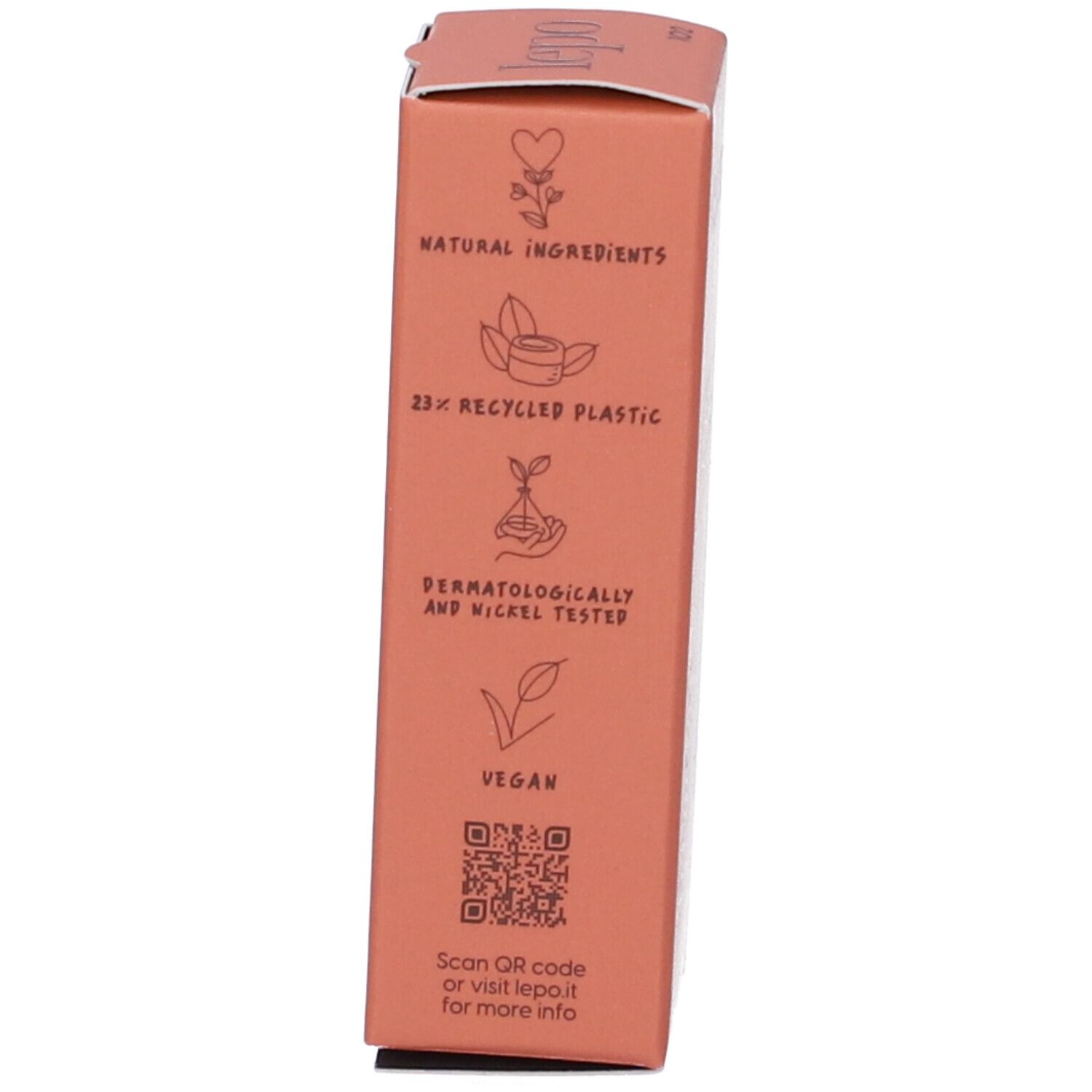 Confezione con informazioni sugli ingredienti, il riciclaggio, la certificazione vegana e il codice QR.