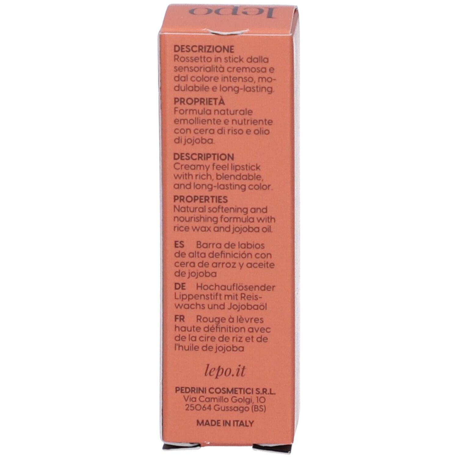 Confezione con descrizione del prodotto in più lingue. Contiene ingredienti e indirizzo del produttore.