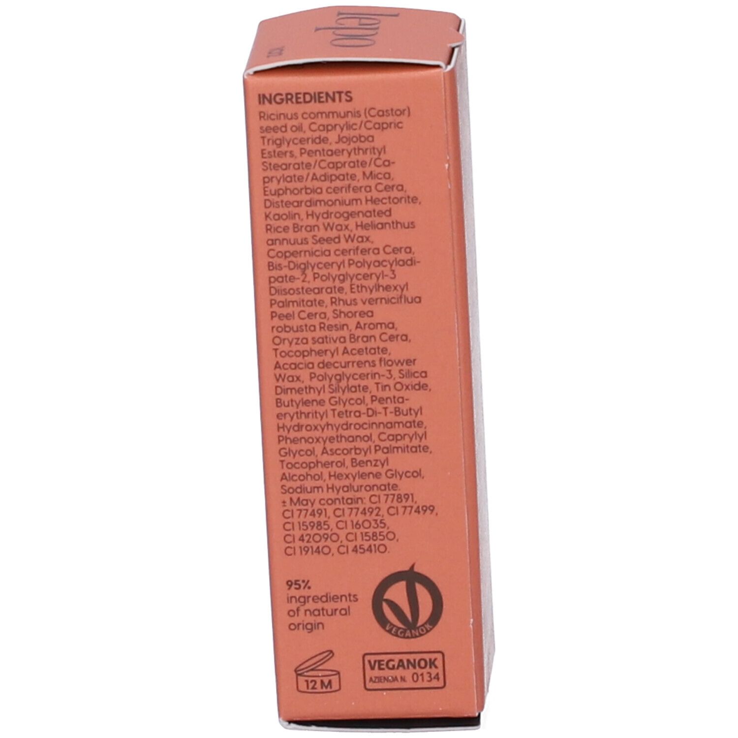 Confezione con elenco degli ingredienti, certificazione vegana e indicazione di produzione.