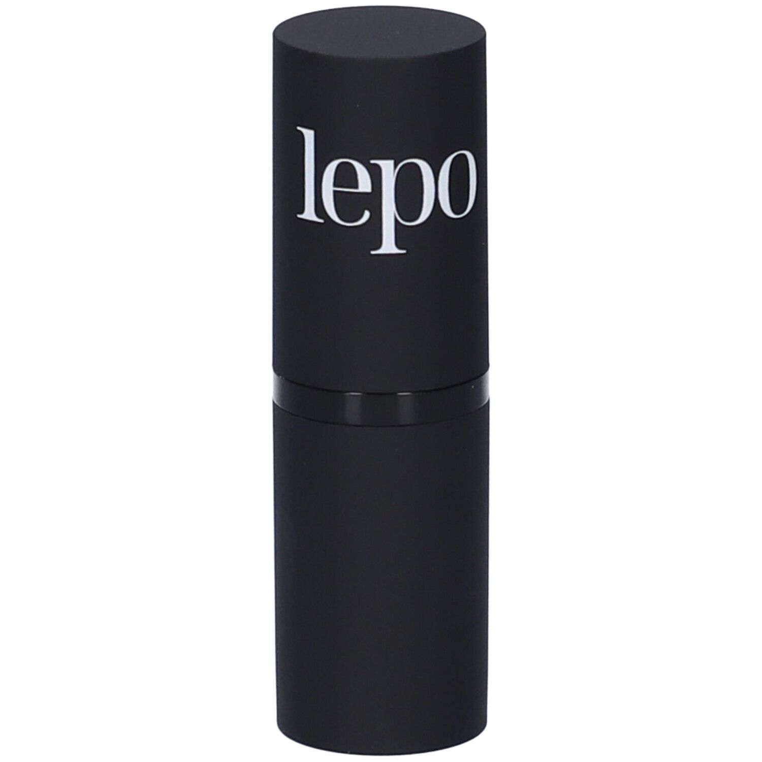 Contenitore cilindrico nero per rossetto con logo bianco.