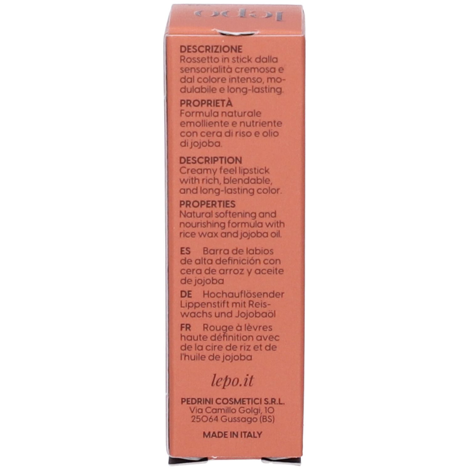 Confezione con descrizione del prodotto in più lingue.