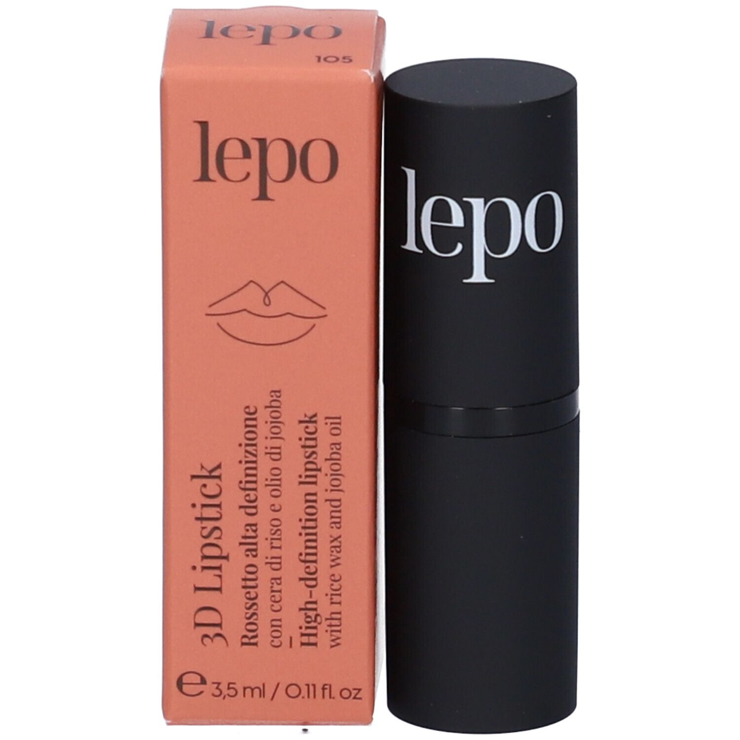 Rossetto LEPO, tonalità 105 MALVA, con astuccio nero. Confezione accanto.
