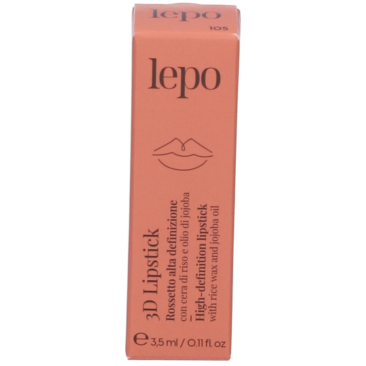 Confezione del rossetto LEPO. Testo: 3D Lipstick, High-definition lipstick, 105.