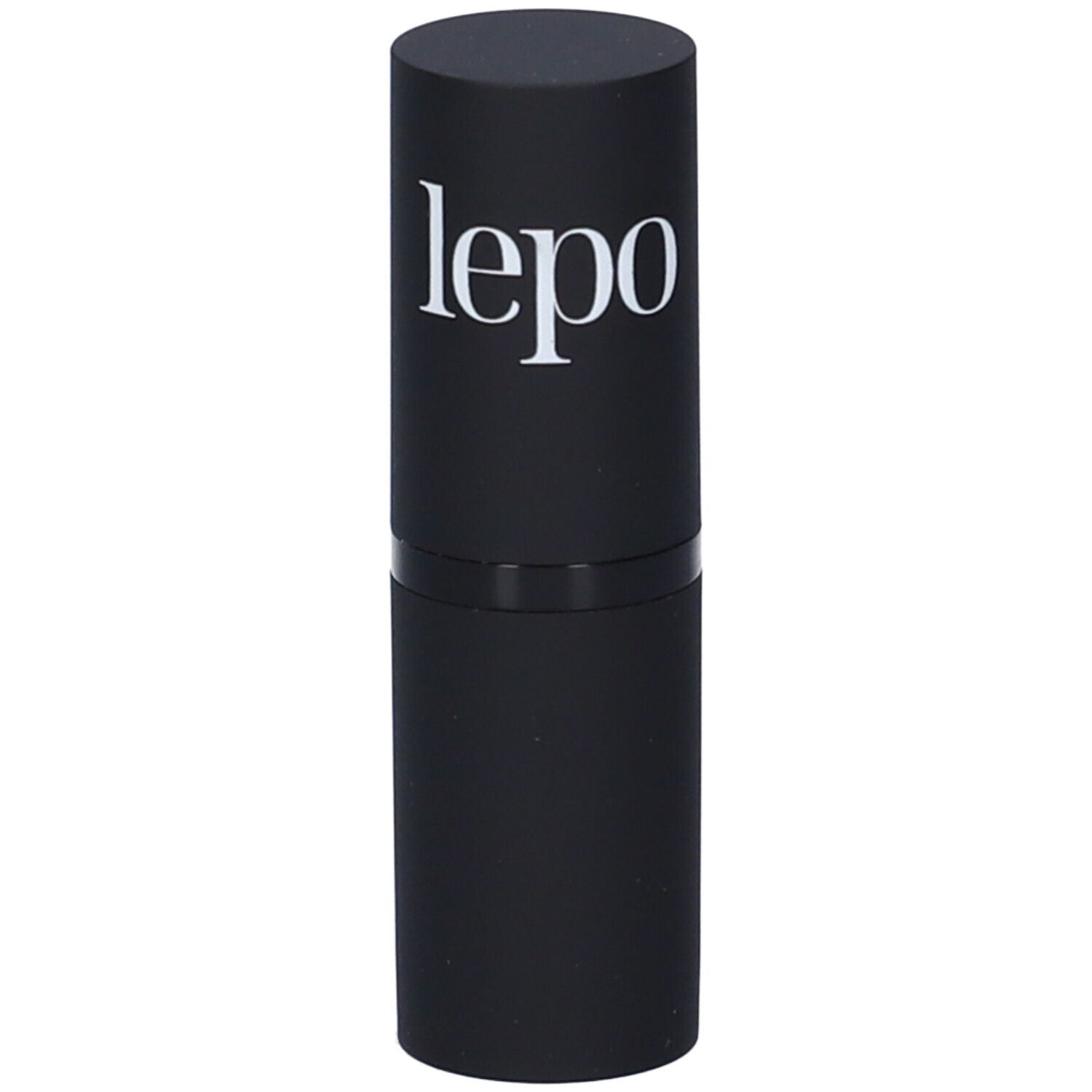 Astuccio rossetto nero con logo bianco.