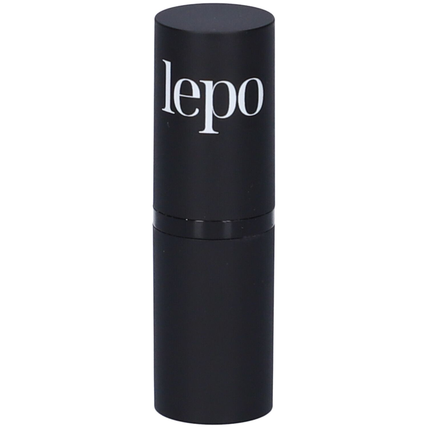 Astuccio nero per rossetto con scritta 'lepo' bianca.
