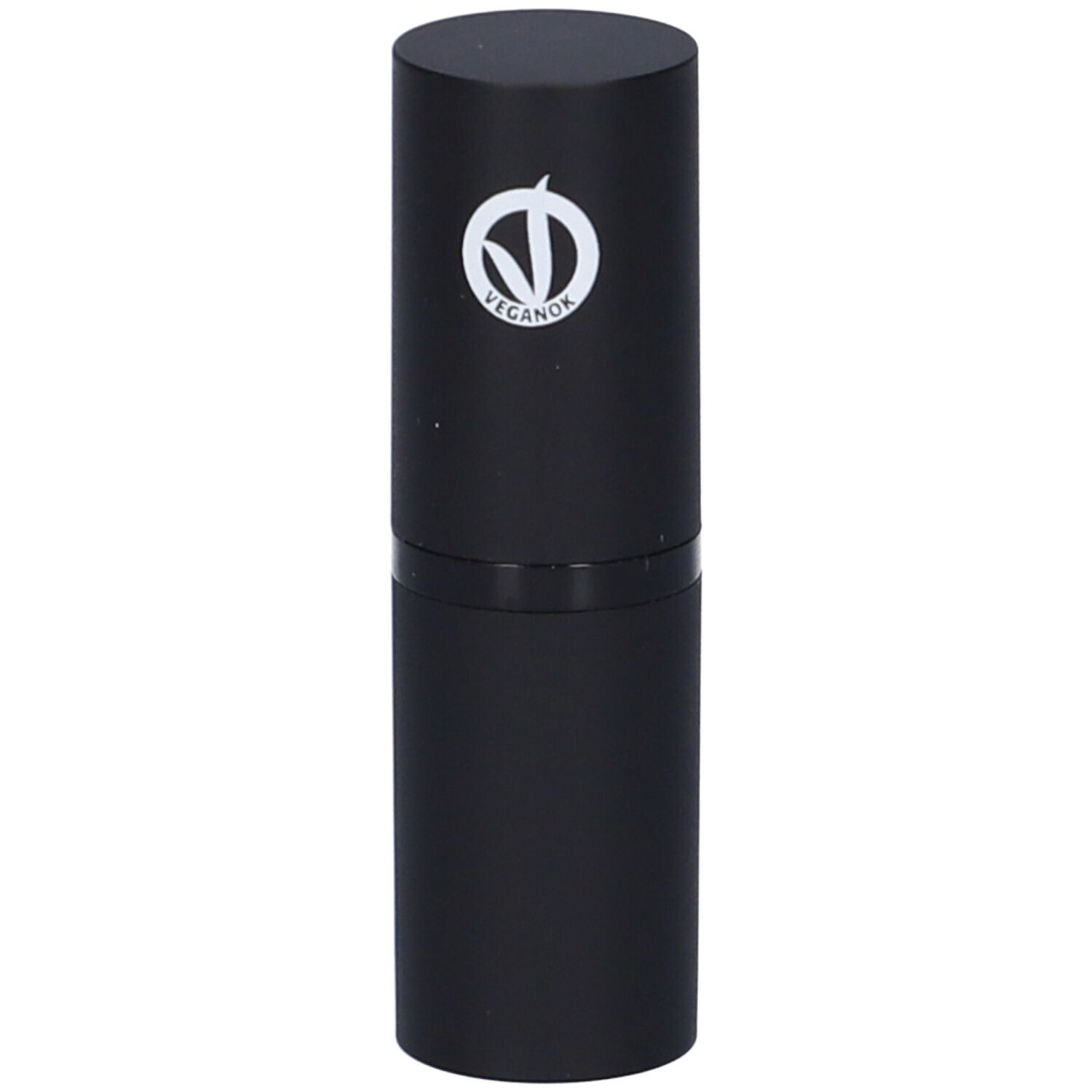 Astuccio nero per rossetto con logo 'VeganOK' bianco.