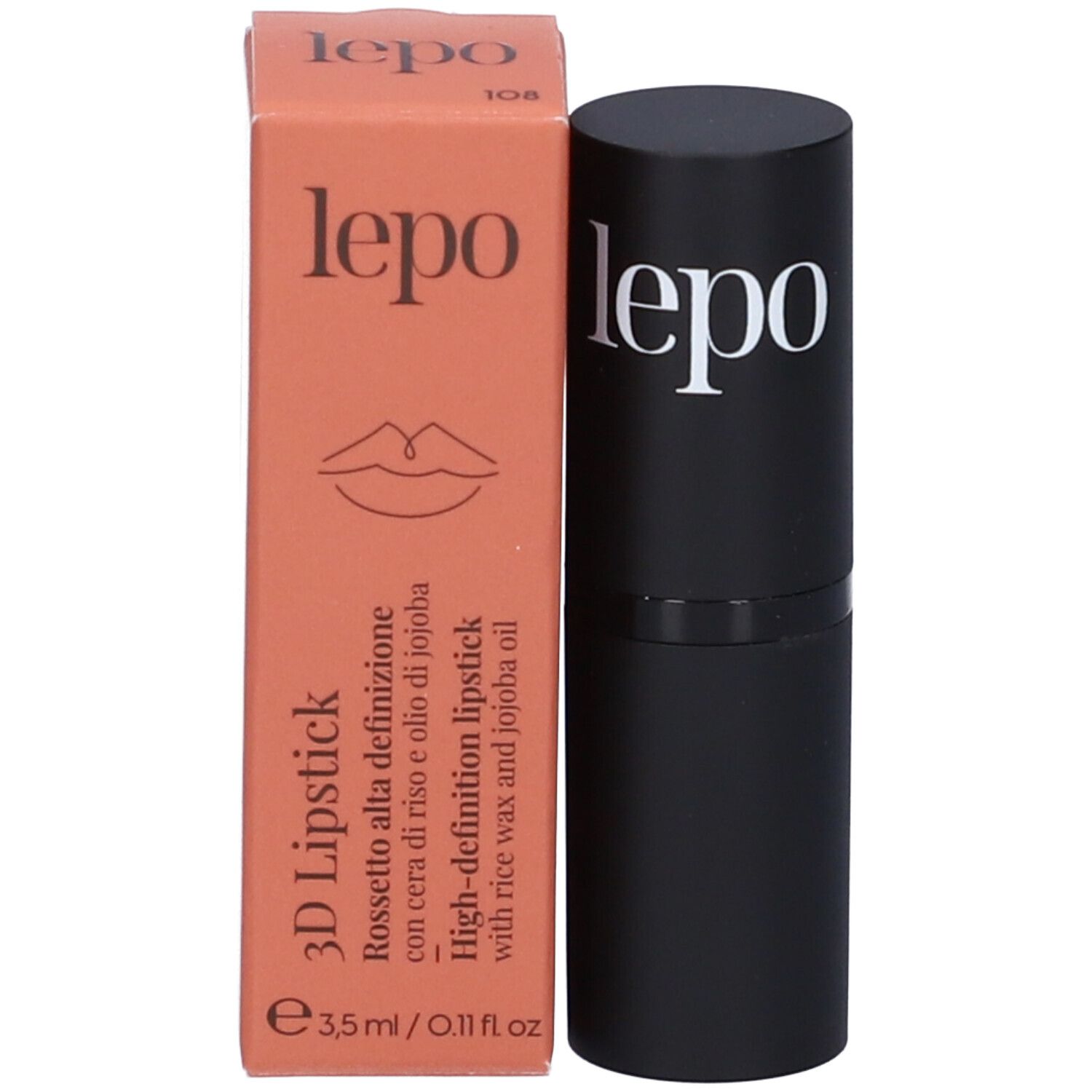 Rossetto e confezione. Confezione con logo 'lepo', testo e ingredienti. Rossetto in astuccio nero.