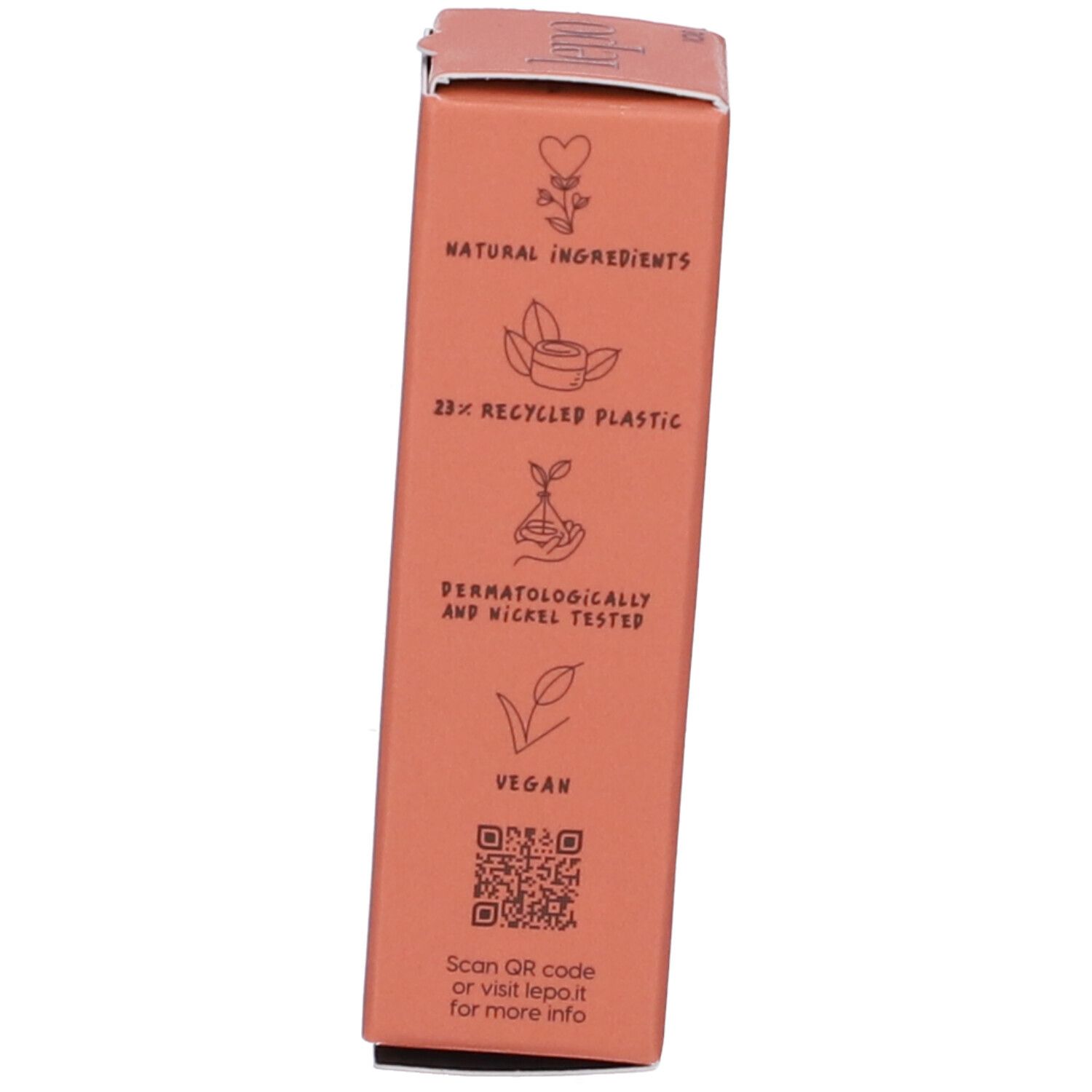 Confezione con testo su ingredienti naturali, riciclo e certificazione vegana.