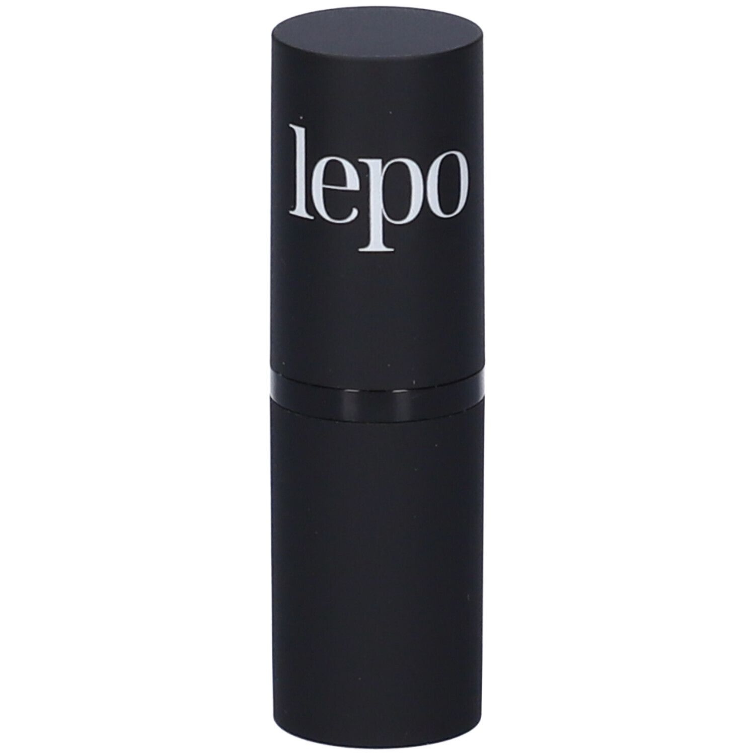 Stick di rossetto nero con logo 'lepo' bianco.