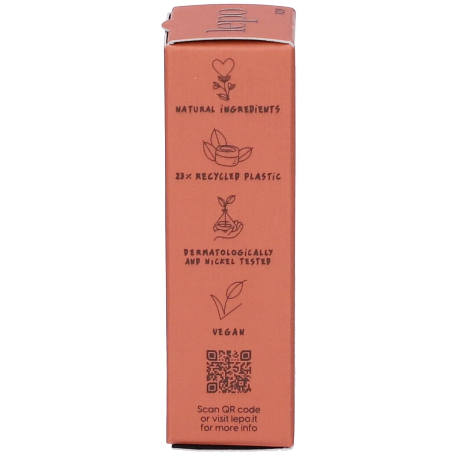 Retro della confezione del rossetto LEPO. Testo, simboli ingredienti e certificazioni.