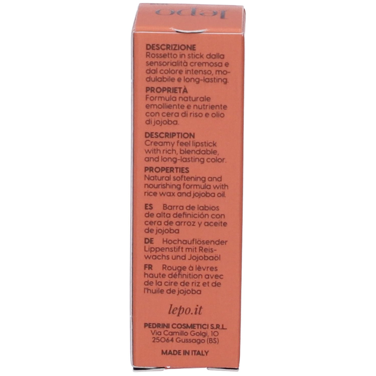 Retro della confezione del rossetto LEPO. Testo in più lingue.