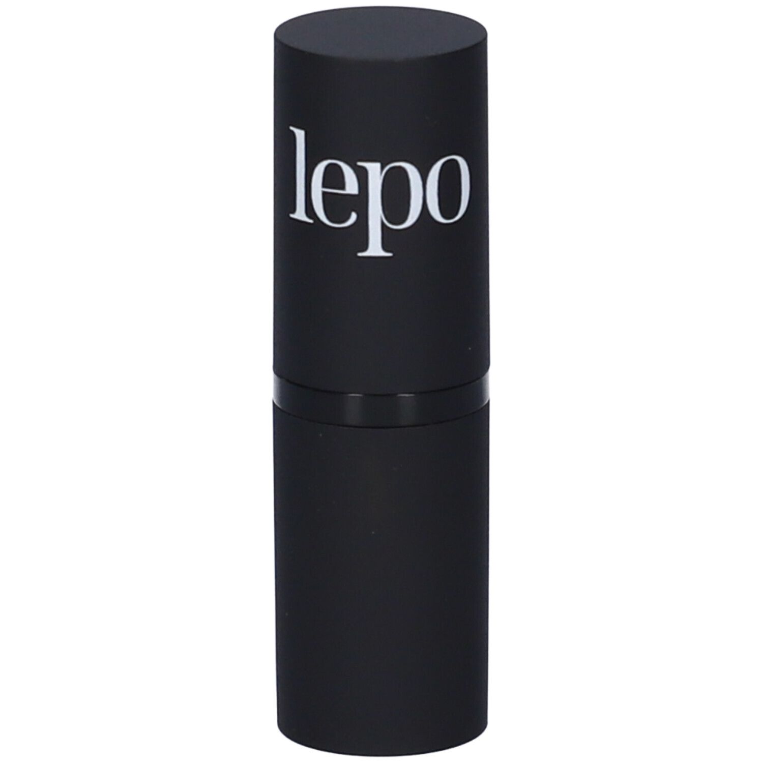 Contenitore di rossetto nero con logo lepo bianco. Forma cilindrica.