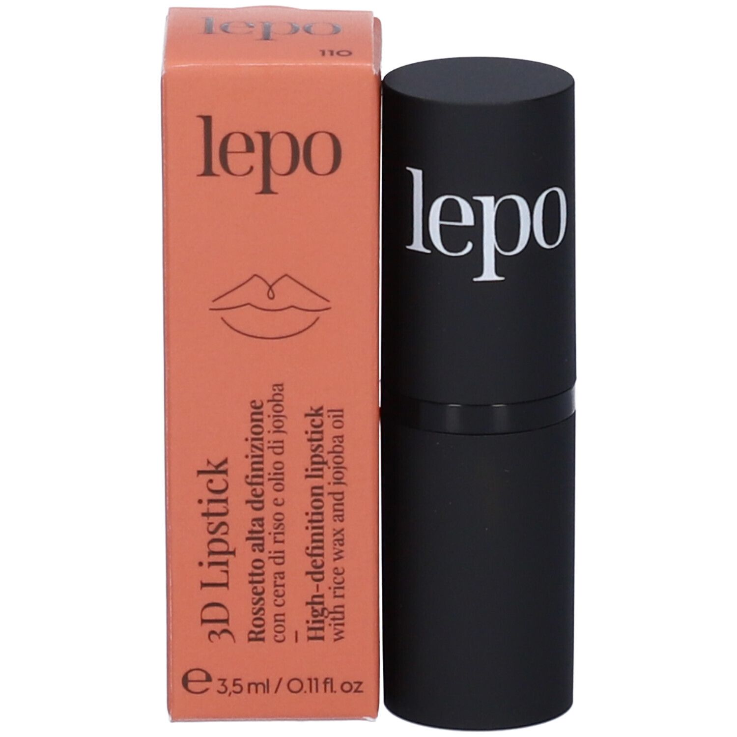 Rossetto e confezione. Scritta: lepo, 3D Lipstick. Stick nero, punta rossa. Confezione: 3,5 ml.