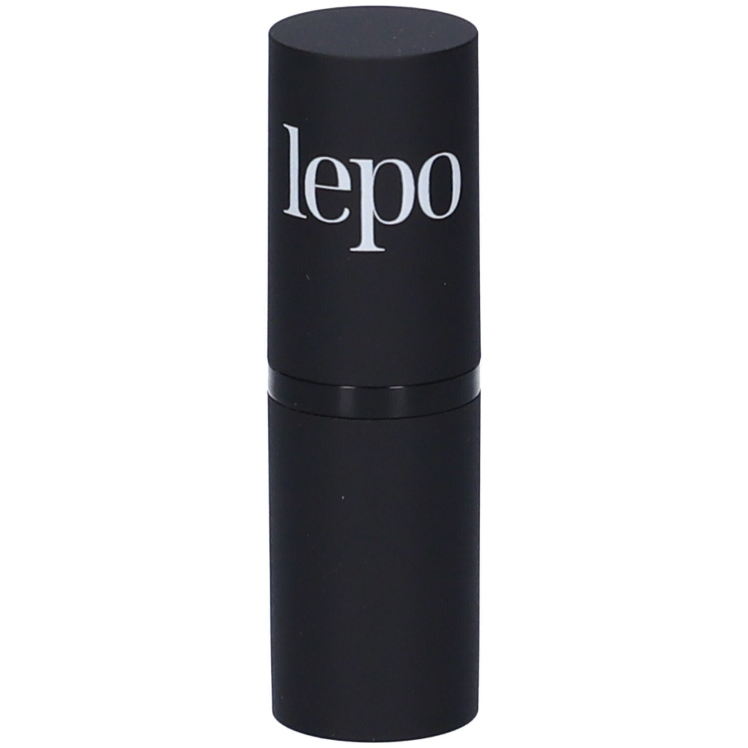 Contenitore di rossetto nero con logo "lepo" bianco.