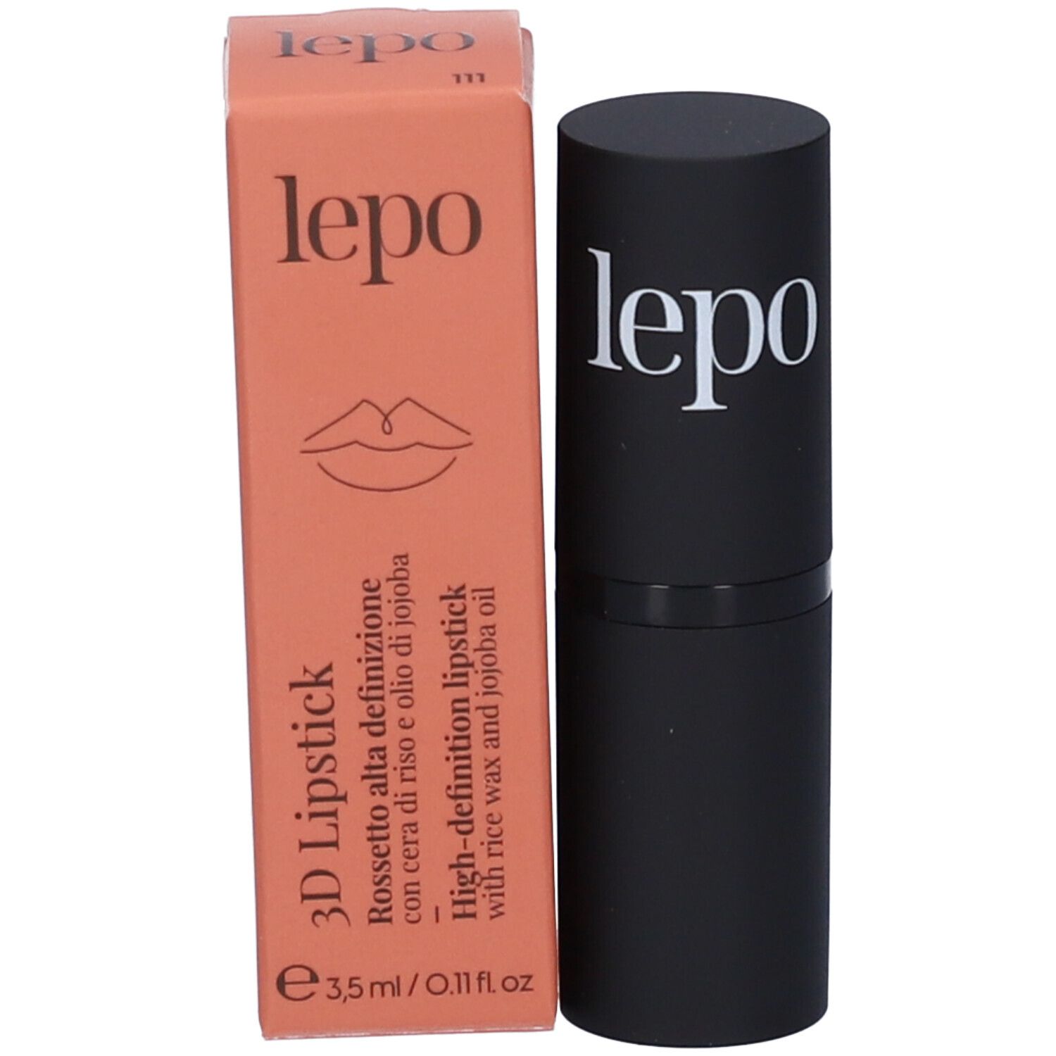 Rossetto e confezione. Sulla confezione "lepo" e "3D Lipstick".