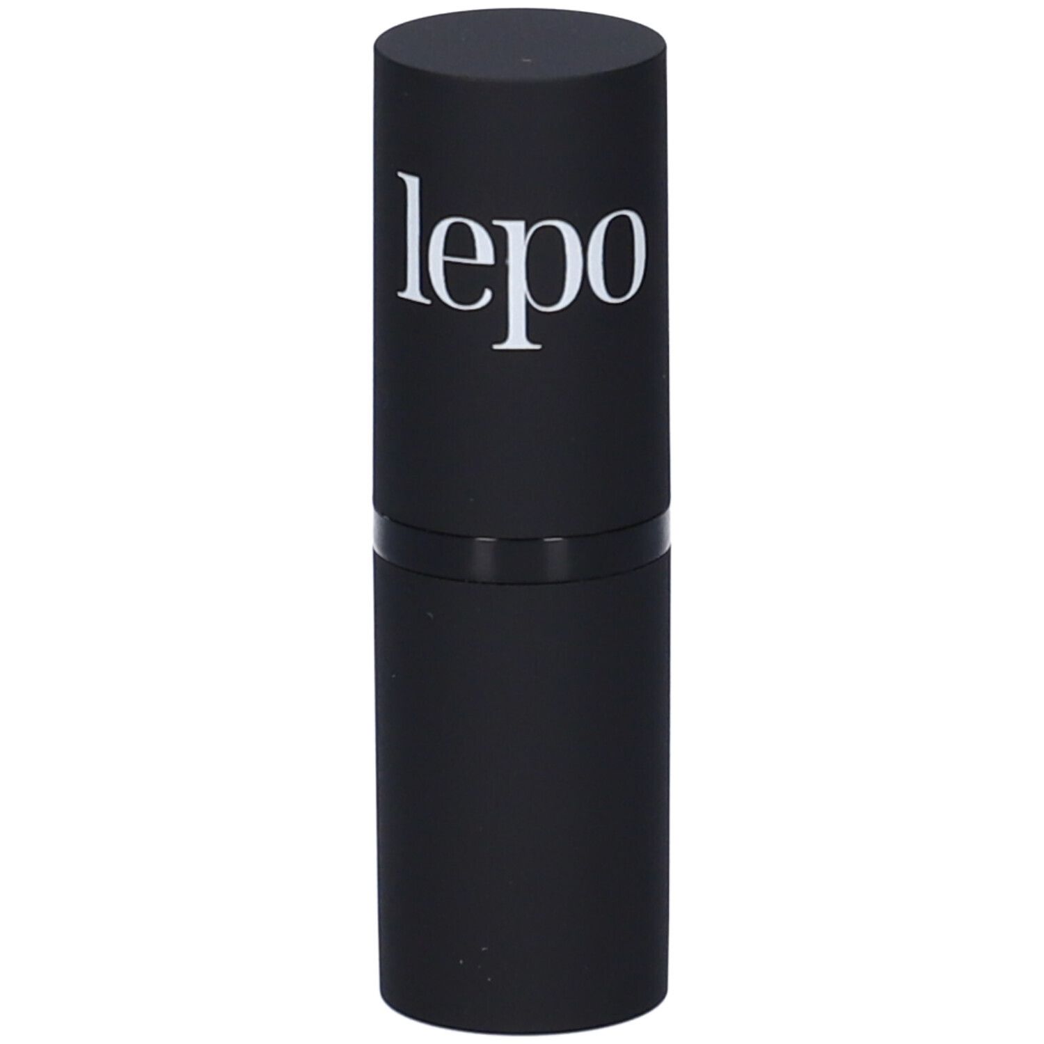 Stick di rossetto nero con scritta bianca 'lepo'.
