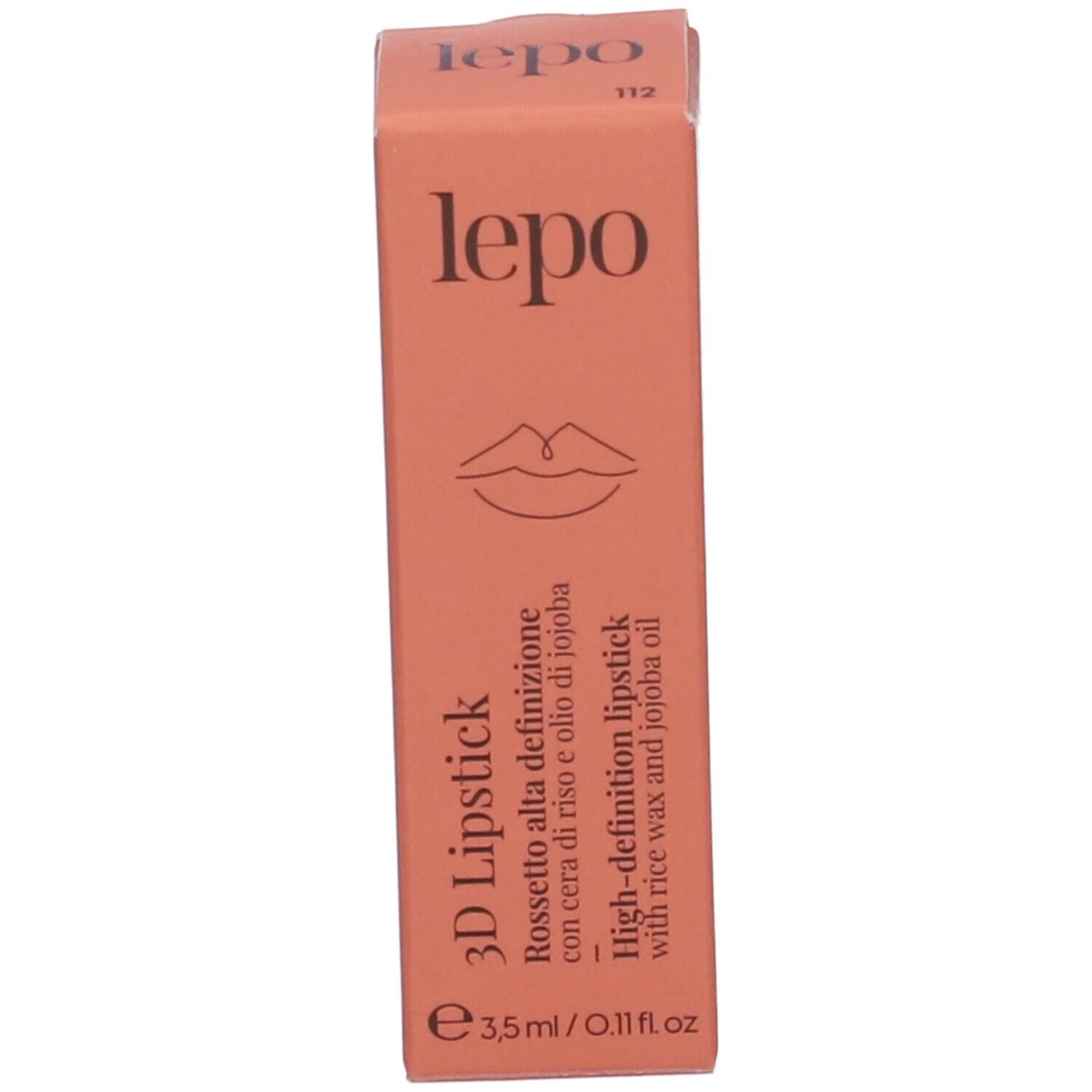 Confezione del rossetto LEPO 3D. Testo: 3D Lipstick, 3,5 ml, 112.