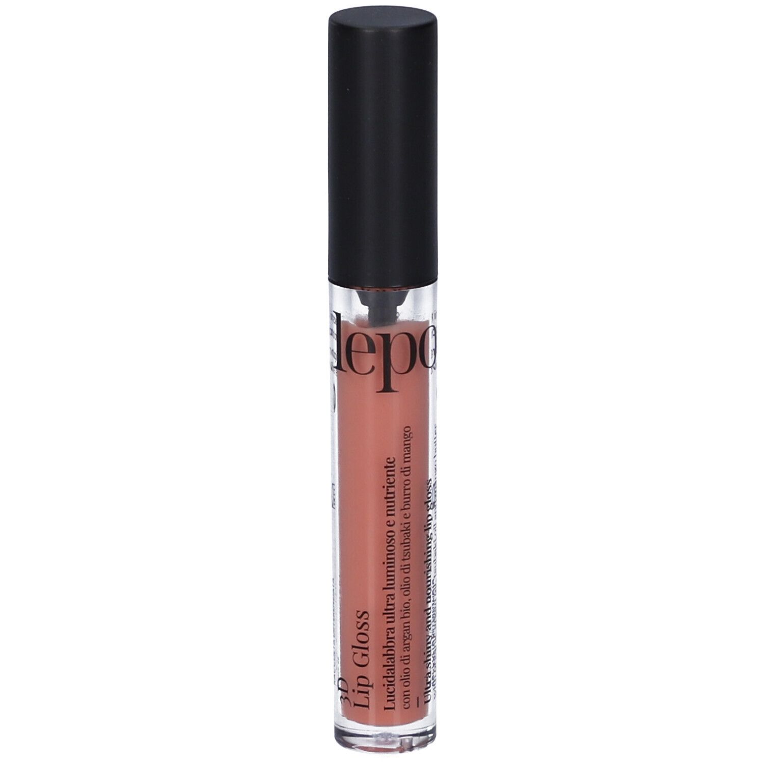 LEPO 3D Lip Gloss, tonalità 01 Albicocca. Tubetto trasparente con tappo nero.