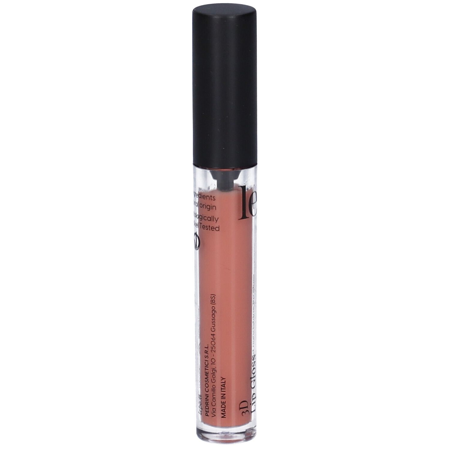LEPO 3D Lip Gloss, tonalità 01 Albicocca. Tubetto trasparente con tappo nero.