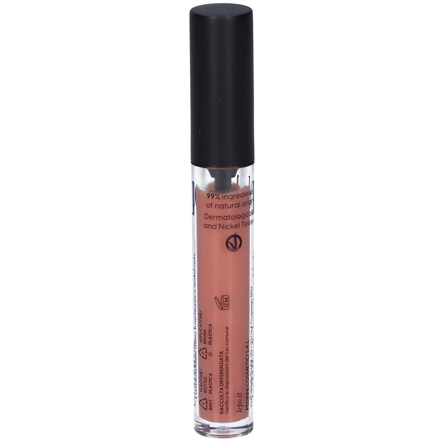 LEPO 3D Lip Gloss, tonalità 01 Albicocca. Tubetto trasparente con tappo nero.