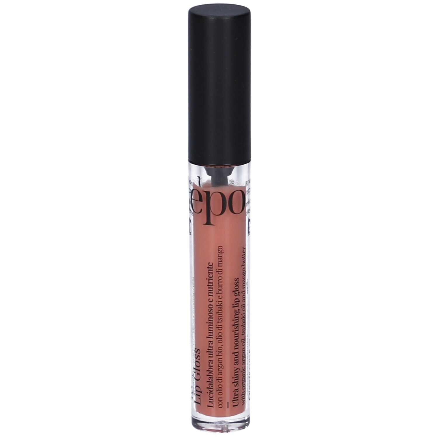 LEPO 3D Lip Gloss, tonalità 01 Albicocca. Tubetto trasparente con tappo nero.