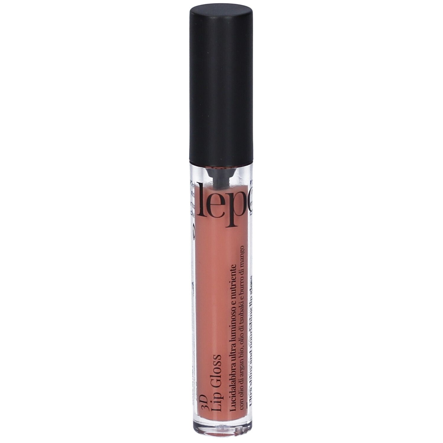 LEPO 3D Lip Gloss, tonalità 01 Albicocca. Tubetto trasparente con tappo nero.