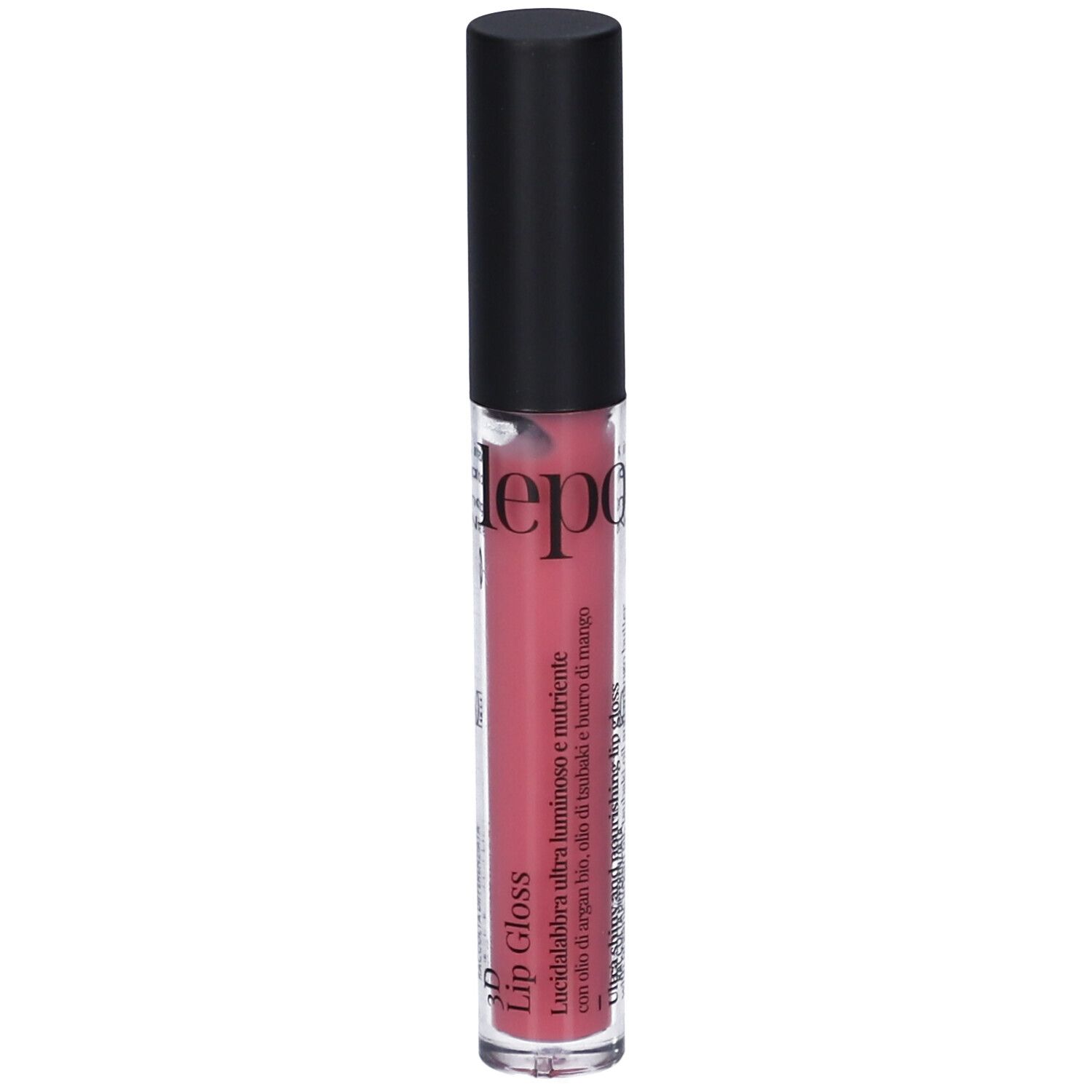 LEPO 3D Lip Gloss. Tubo di lucidalabbra rosa. Tappo nero. Scritta: 3D Lip Gloss. Con ingredienti.