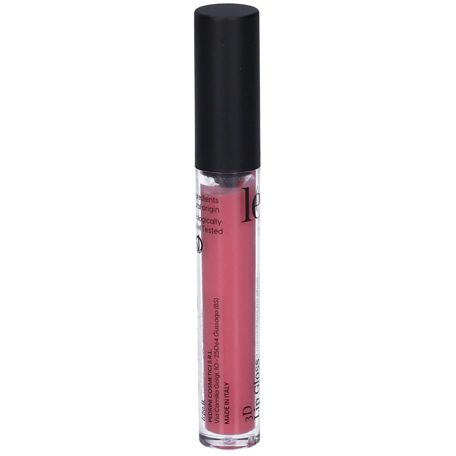 LEPO 3D Lip Gloss. Tubo di lucidalabbra rosa. Tappo nero. Scritta: 3D Lip Gloss. Con ingredienti.