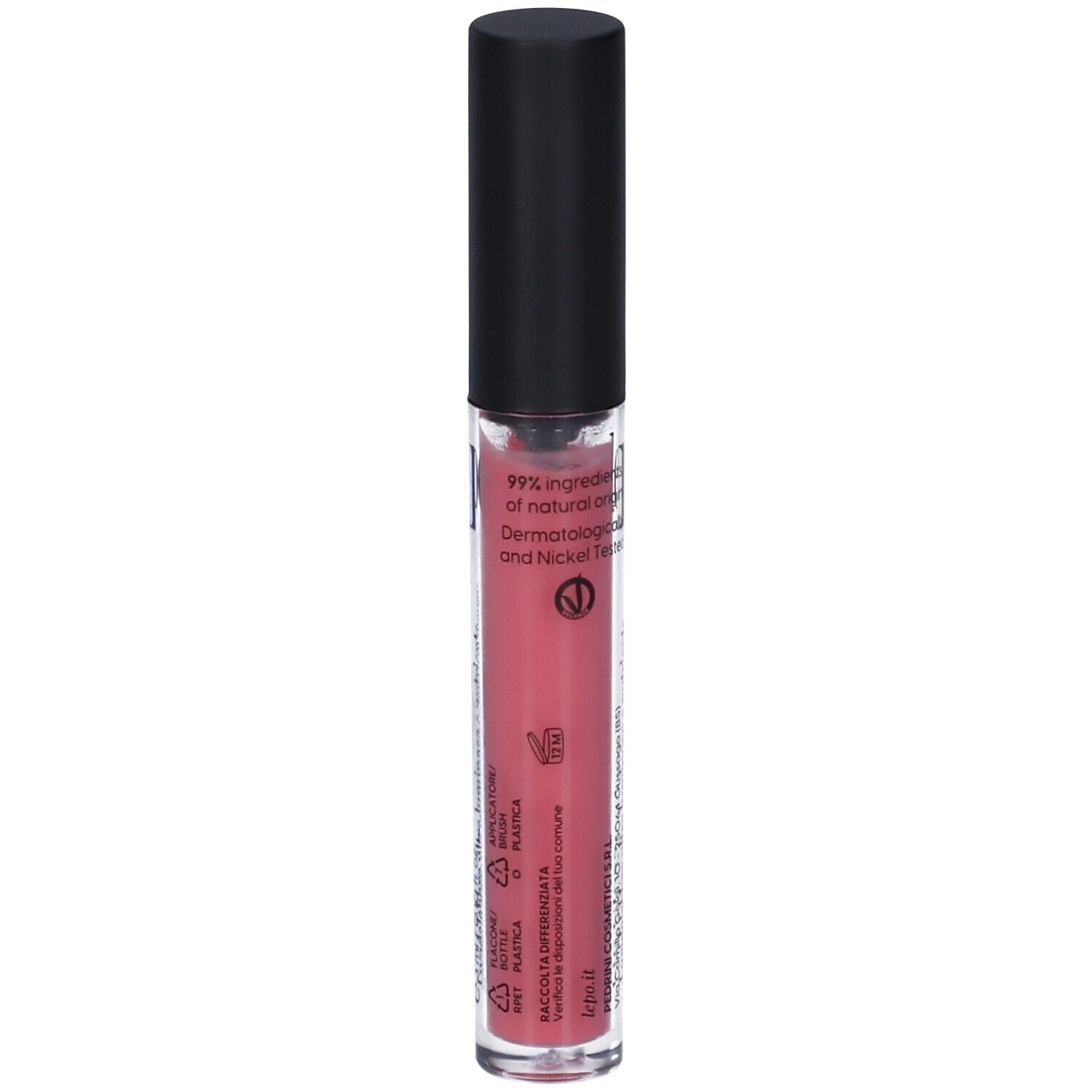LEPO 3D Lip Gloss. Tubo di lucidalabbra rosa. Tappo nero. Scritta: 3D Lip Gloss. Con ingredienti.