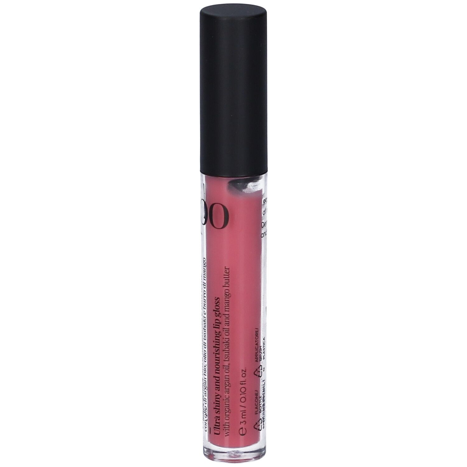 LEPO 3D Lip Gloss. Tubo di lucidalabbra rosa. Tappo nero. Scritta: 3D Lip Gloss. Con ingredienti.