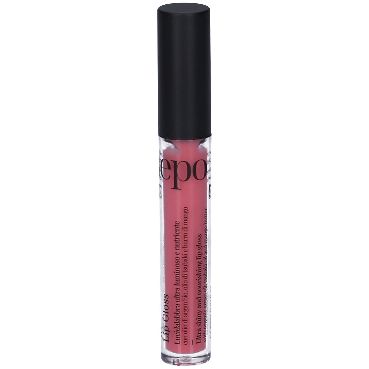 LEPO 3D Lip Gloss. Tubo di lucidalabbra rosa. Tappo nero. Scritta: 3D Lip Gloss. Con ingredienti.