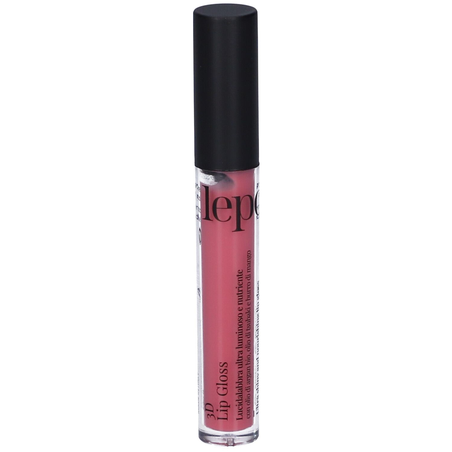 LEPO 3D Lip Gloss. Tubo di lucidalabbra rosa. Tappo nero. Scritta: 3D Lip Gloss. Con ingredienti.