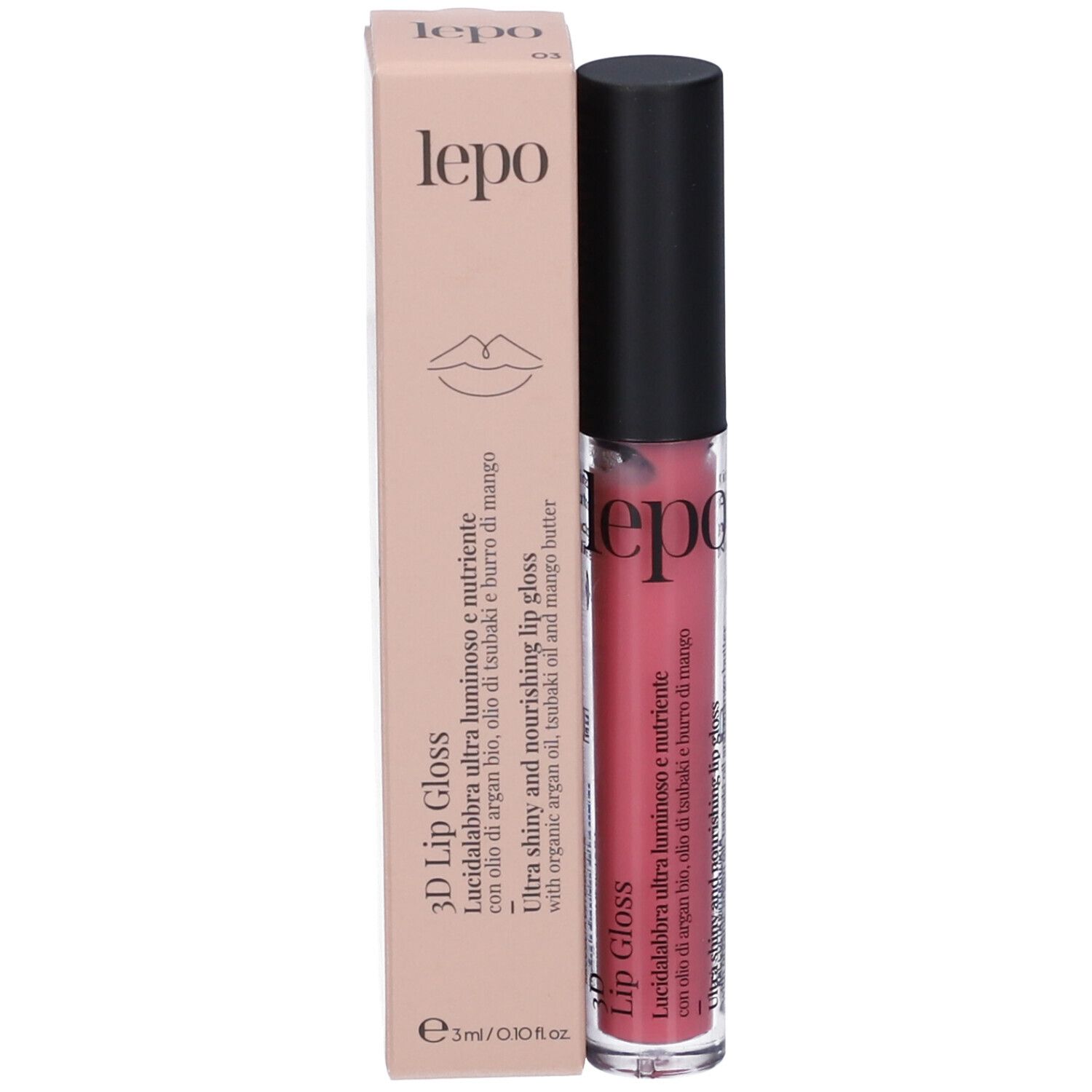LEPO 3D Lip Gloss. Tubo e confezione di lucidalabbra rosa. Tappo nero. Scritta: 3D Lip Gloss.