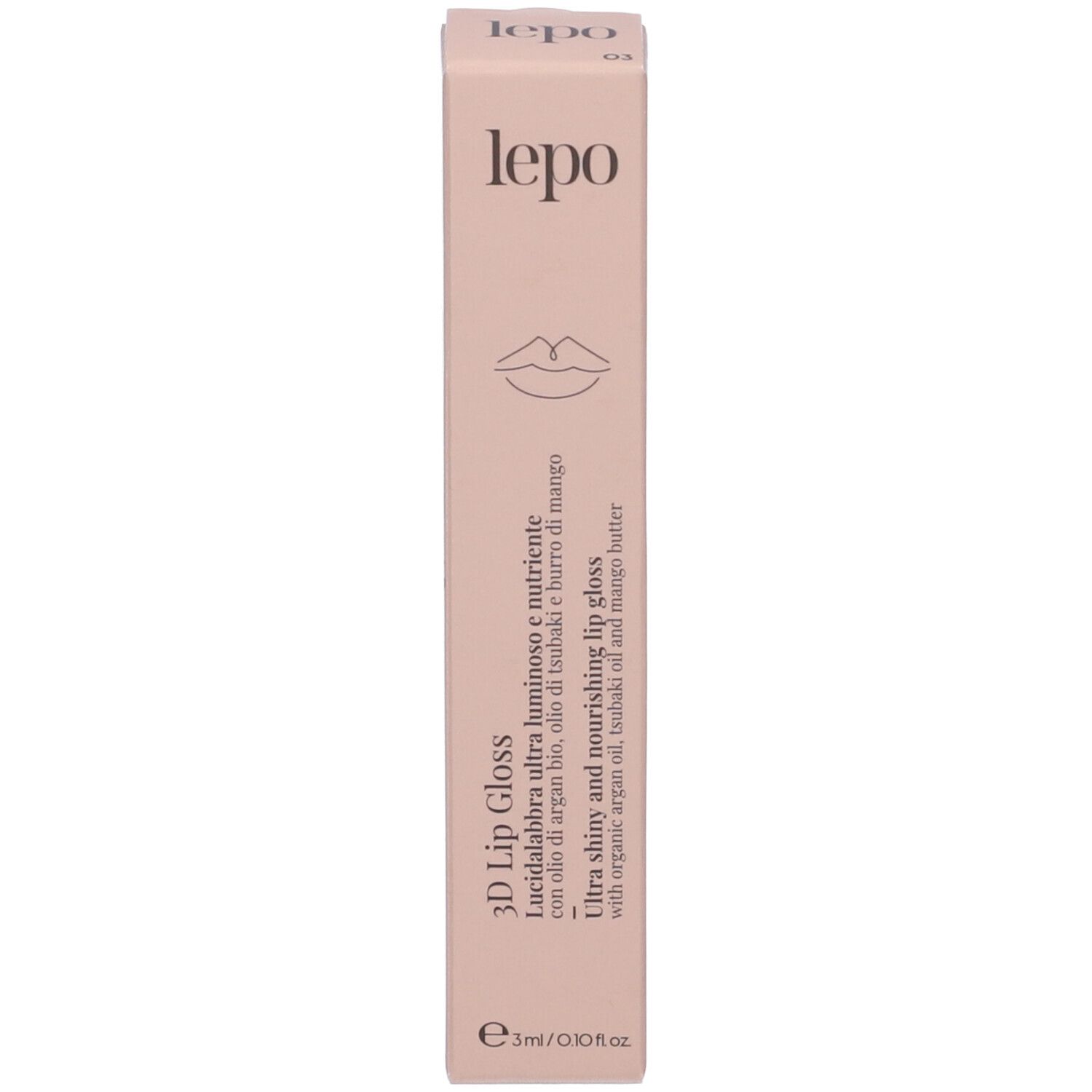 Confezione LEPO 3D Lip Gloss. Rosa. Scritta: 3D Lip Gloss. Con ingredienti. 5ml/0.10 fl.oz.
