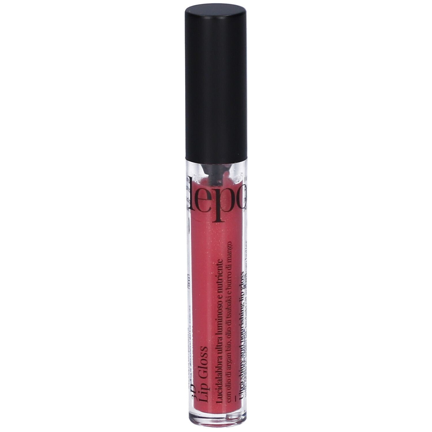Tubo di lucidalabbra LEPO 3D con tappo nero. Lucidalabbra rosso. Scritta: 3D Lip Gloss, lepo.