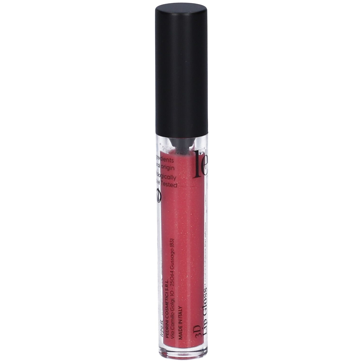 Tubo di lucidalabbra LEPO 3D con tappo nero. Lucidalabbra rosso. Scritta: 3D Lip Gloss, lepo.