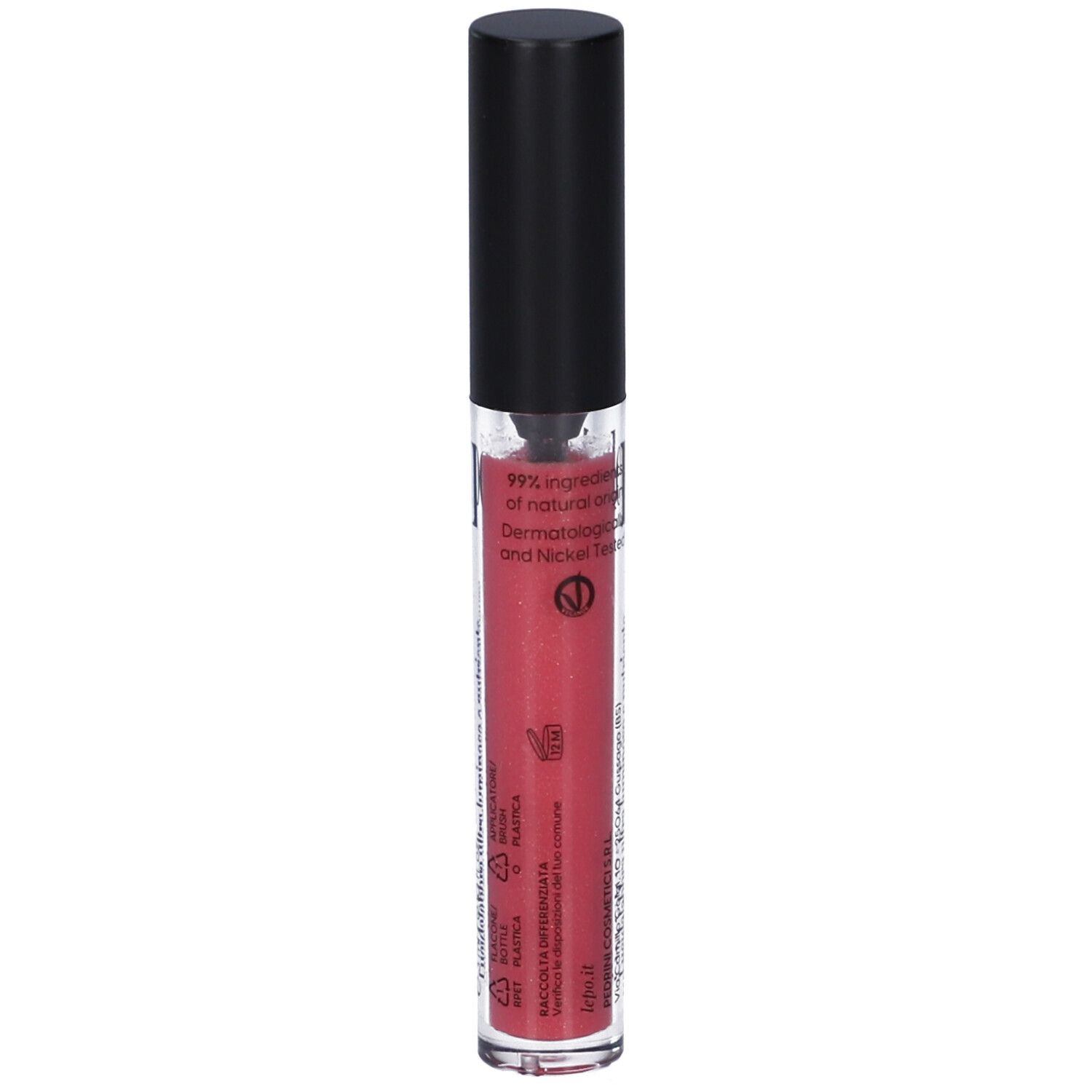 Tubo di lucidalabbra LEPO 3D con tappo nero. Lucidalabbra rosso. Scritta: 3D Lip Gloss, lepo.