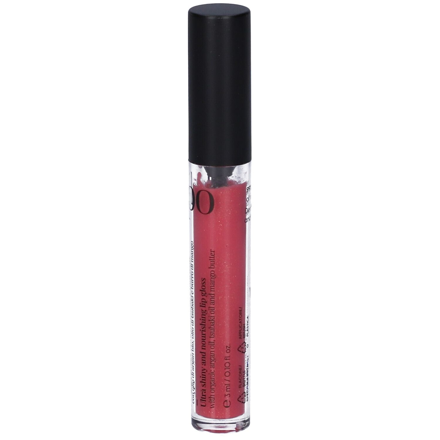 Tubo di lucidalabbra LEPO 3D con tappo nero. Lucidalabbra rosso. Scritta: 3D Lip Gloss, lepo.