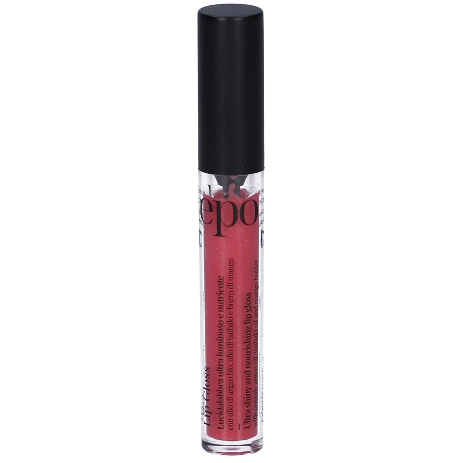 Tubo di lucidalabbra LEPO 3D con tappo nero. Lucidalabbra rosso. Scritta: 3D Lip Gloss, lepo.