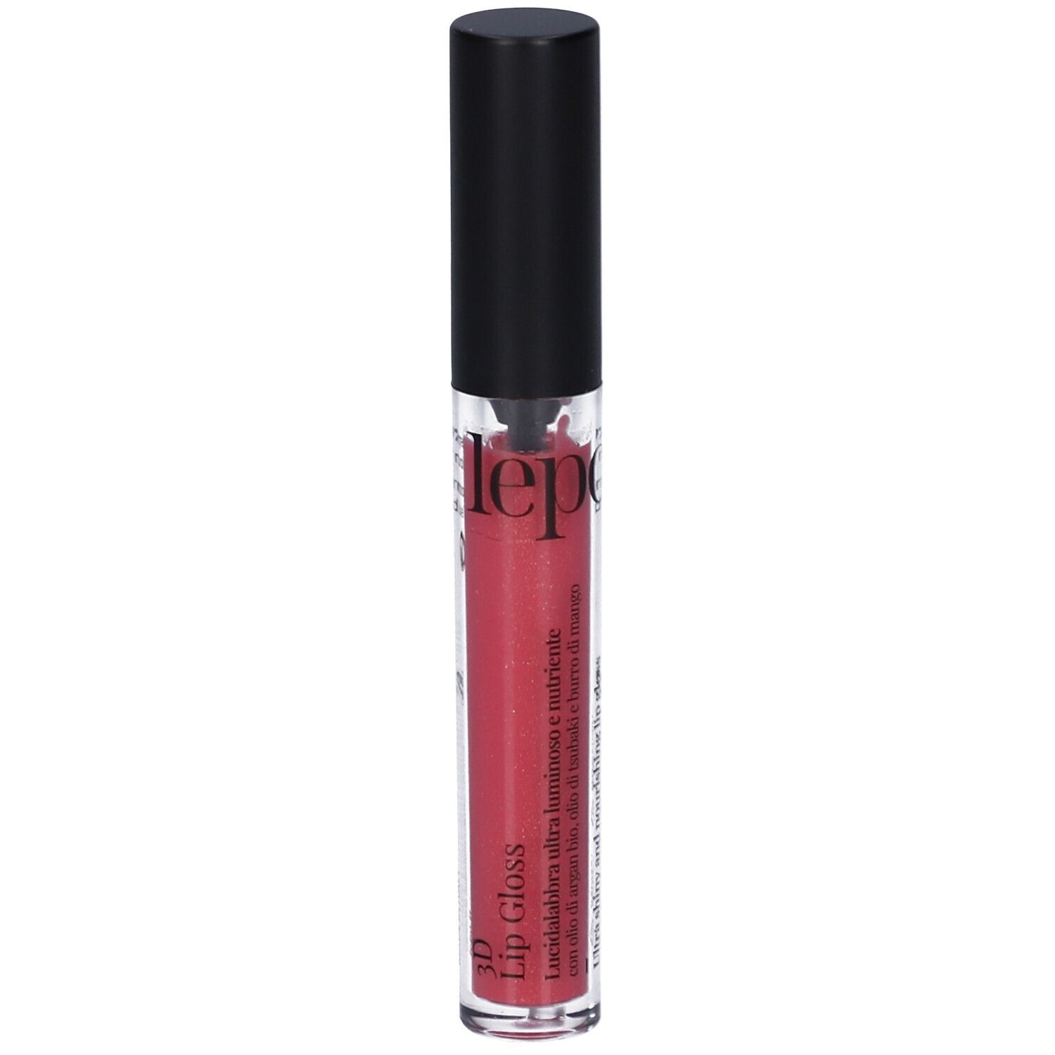 Tubo di lucidalabbra LEPO 3D con tappo nero. Lucidalabbra rosso. Scritta: 3D Lip Gloss, lepo.