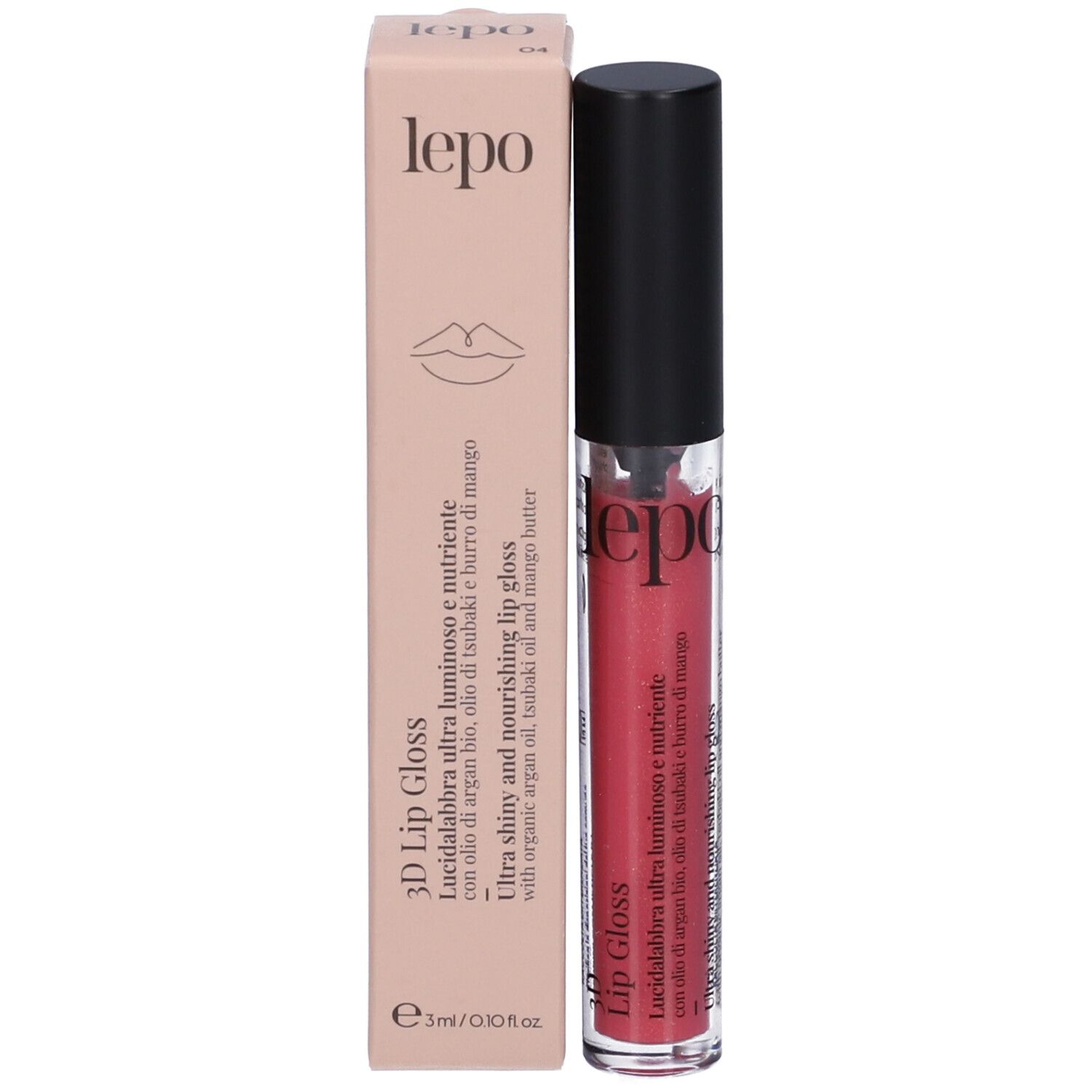 Tubo di lucidalabbra LEPO 3D con tappo nero e confezione. Lucidalabbra rosso. Scritta: 3D Lip Gloss, lepo.