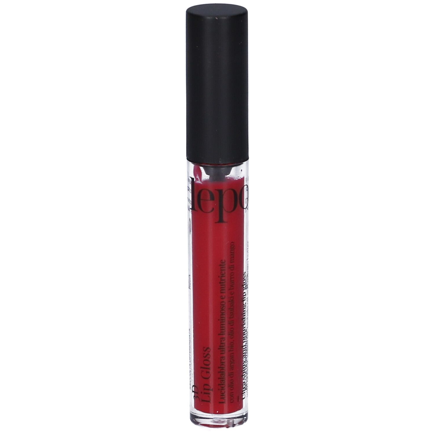 Flacone di lucidalabbra con tappo nero. Colore rosso visibile. Scritta: lepo, Lip Gloss.