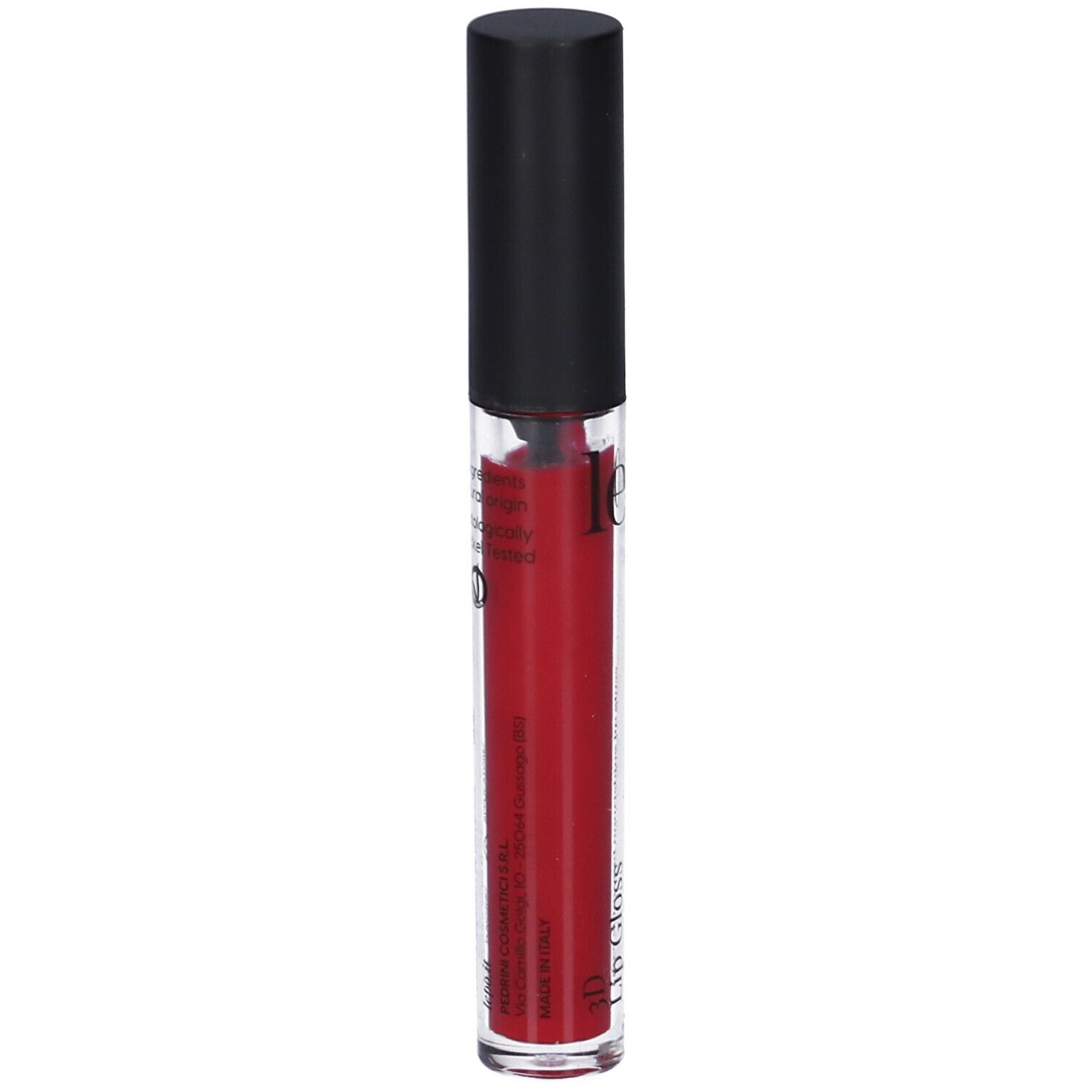 Flacone di lucidalabbra con tappo nero. Colore rosso visibile. Scritta: lepo, Lip Gloss.