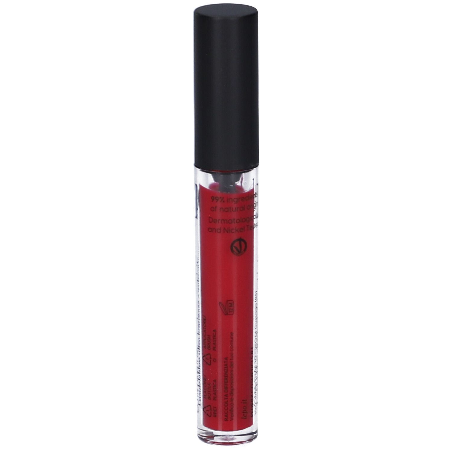 Flacone di lucidalabbra con tappo nero. Colore rosso visibile. Scritta: lepo, Lip Gloss.